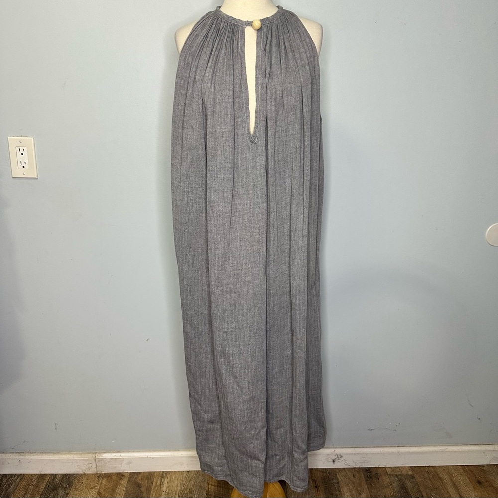 Wolfie Micro Herringbone Gathered Neck Pullover Oversized Sleeveless Dress